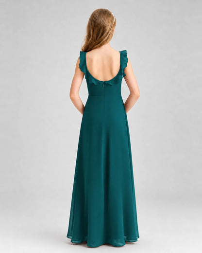 Peacock Chiffon Ruffle A-Line Junior Bridesmaid Dresses Back View