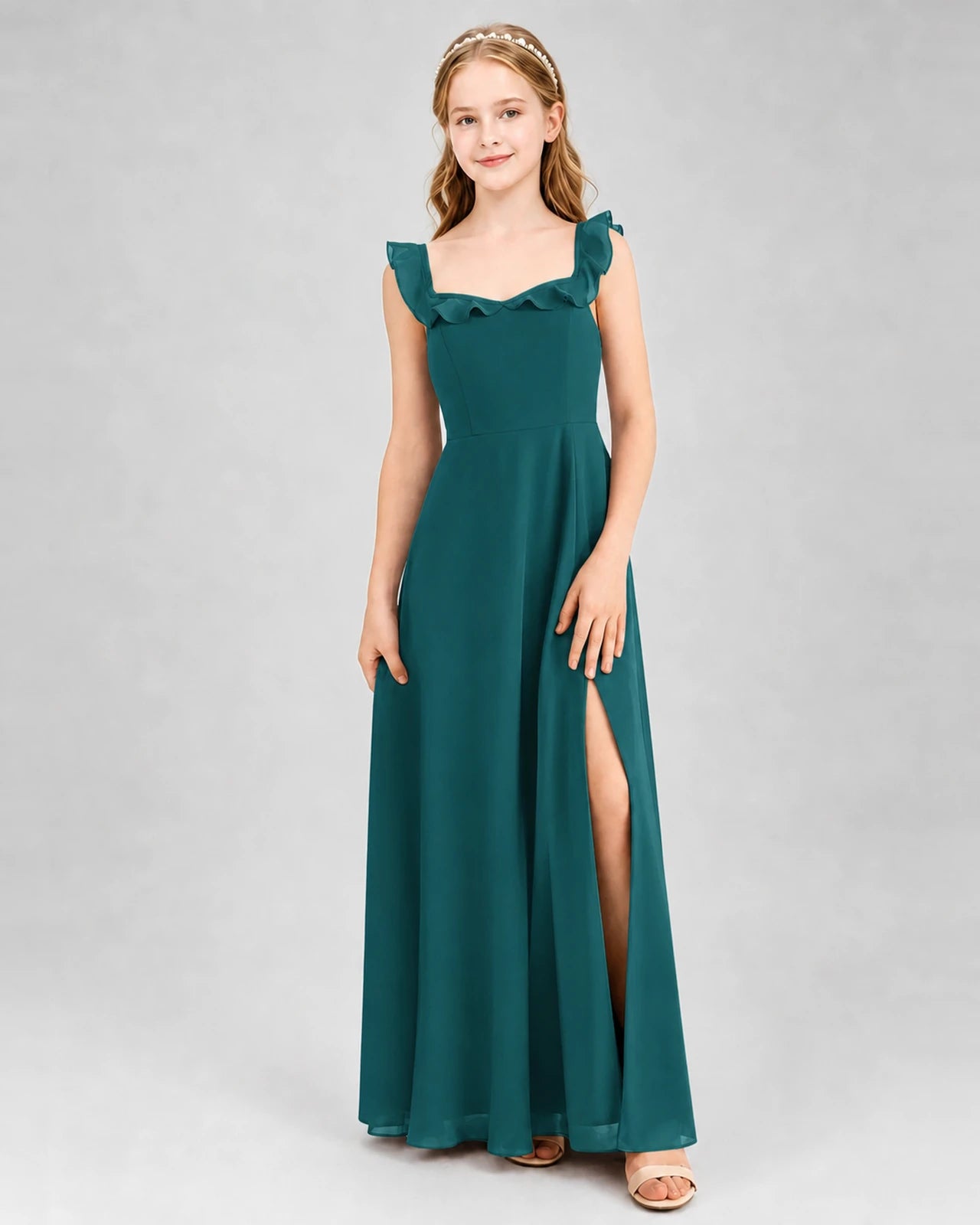 Peacock Chiffon Ruffle Slit Junior Bridesmaid Dresses Front View