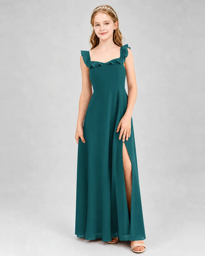 Peacock Chiffon Ruffle Slit Junior Bridesmaid Dresses Front View