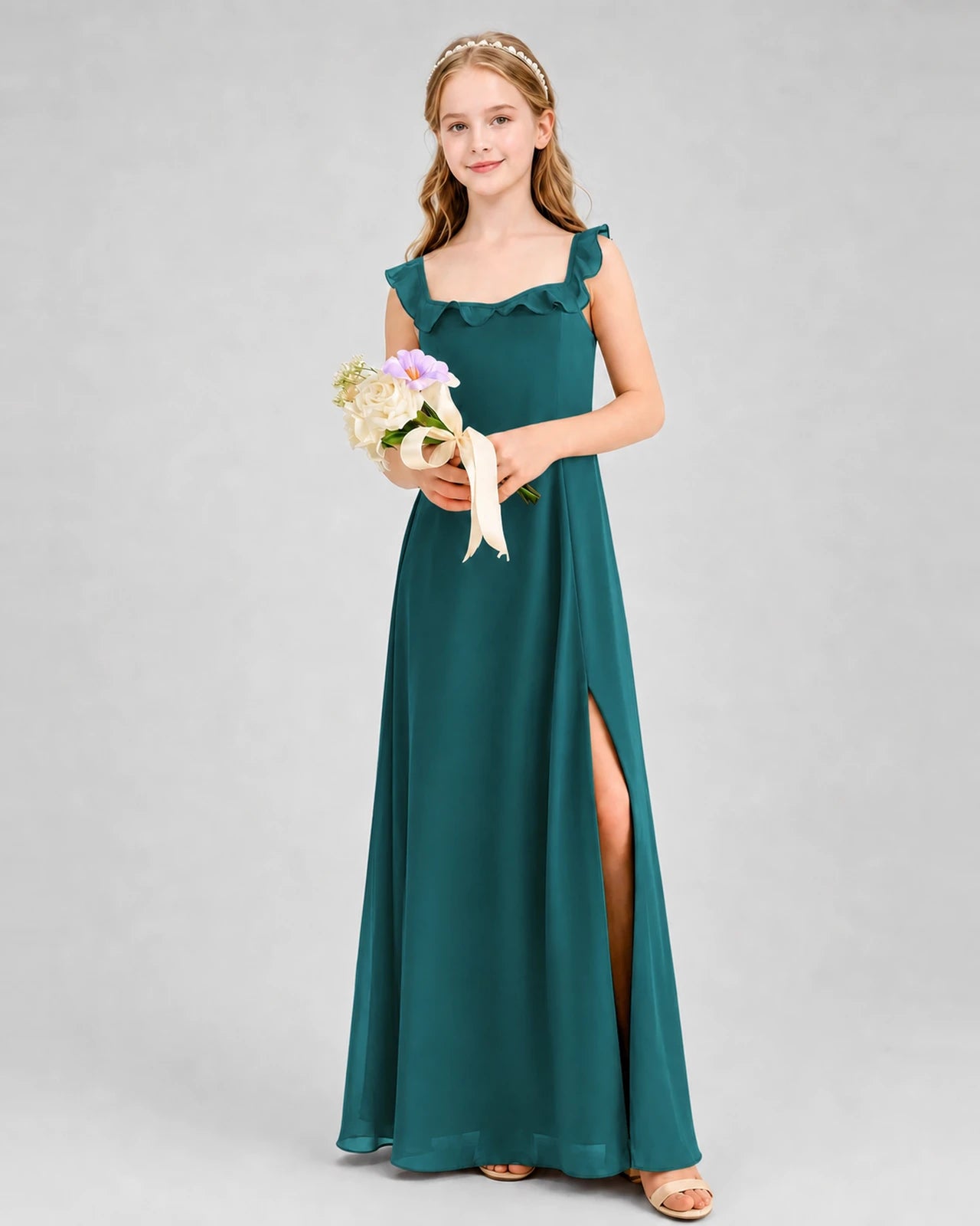 Peacock chiffon ruffle-strap slit junior bridesmaid dress