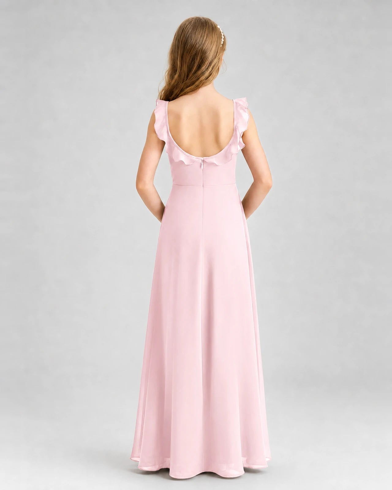 Pink chiffon ruffled A-line junior bridesmaid dress Back View