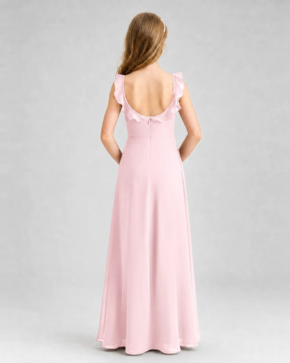 Pink chiffon ruffled A-line junior bridesmaid dress Back View