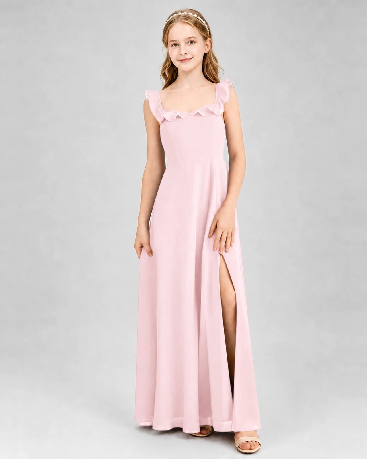 Pink Chiffon Ruffled Split Junior Bridesmaid Dresses Front View