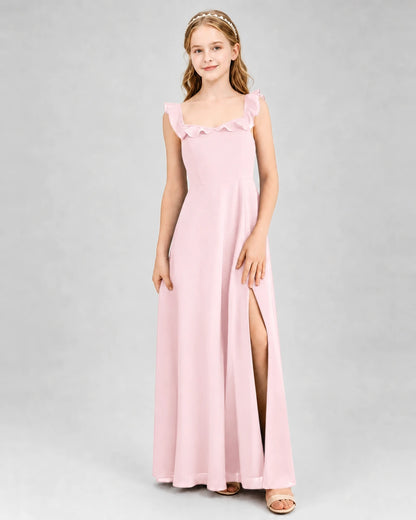 Pink Chiffon Ruffled Split Junior Bridesmaid Dresses Front View