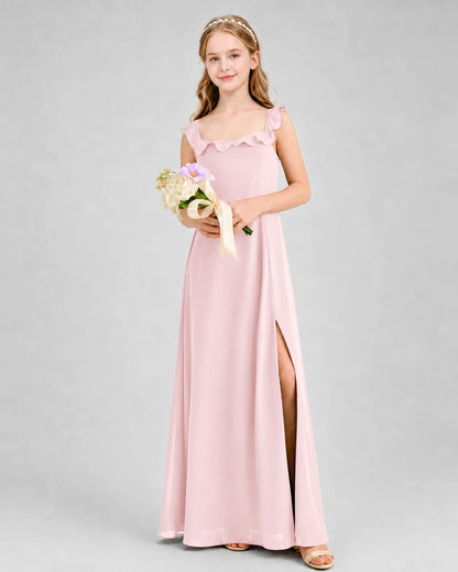 Pink Chiffon Ruffled Split Junior Bridesmaid Dress