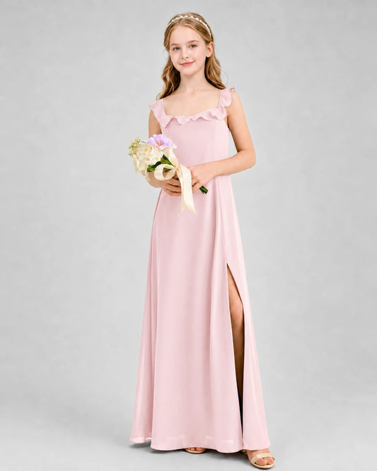 Pink Chiffon Ruffled Split Junior Bridesmaid Dress