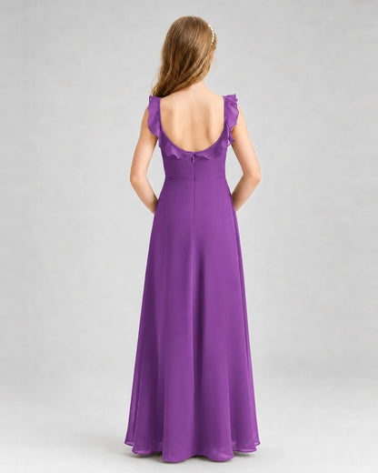 Purple Chiffon Ruffle Scoop Back Junior Bridesmaid Dress Back View