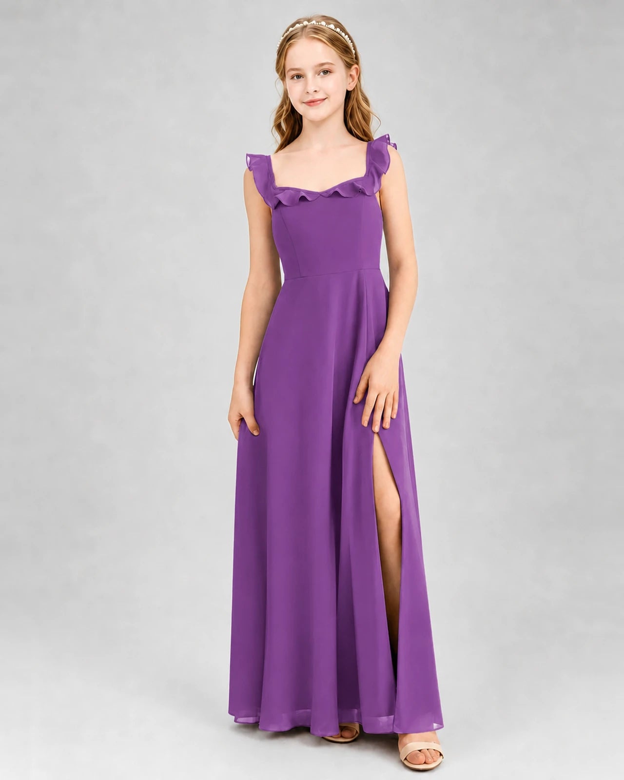 Purple chiffon ruffle-strap slit junior bridesmaid dresses front view