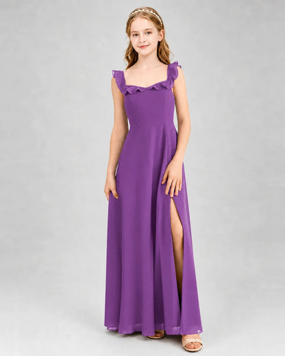 Purple chiffon ruffle-strap slit junior bridesmaid dresses front view