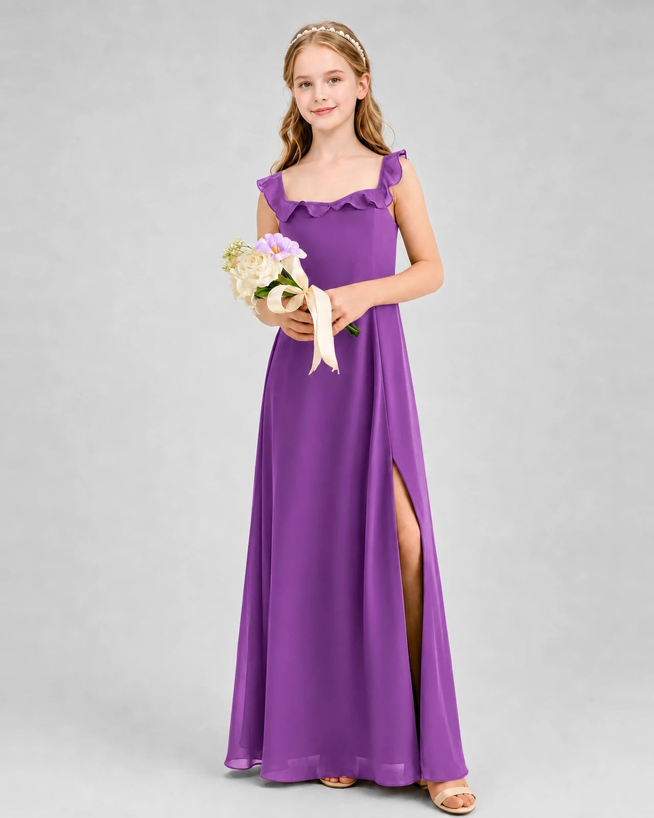 Purple chiffon ruffled scoop neck slit junior bridesmaid dresses