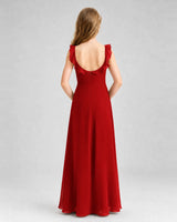 Red chiffon scoop neck ruffle junior bridesmaid dress, back view.