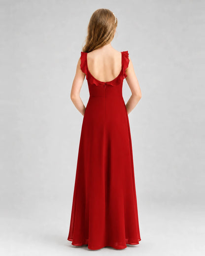 Red chiffon scoop neck ruffle junior bridesmaid dress, back view.