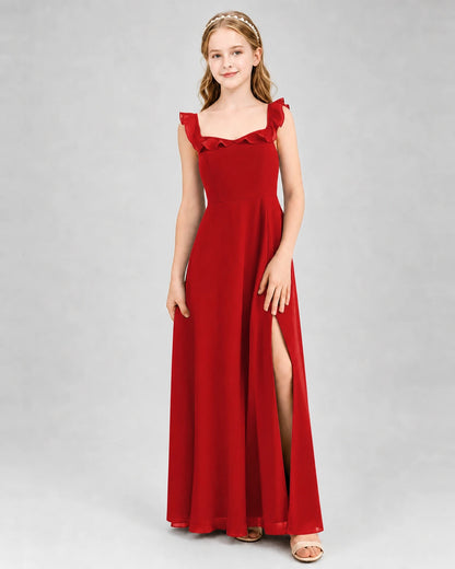 Red chiffon ruffled split junior bridesmaid dress, front view