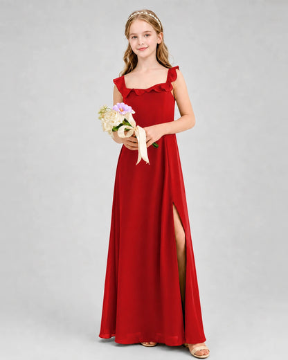 Red chiffon ruffle-strap slit junior bridesmaid dress