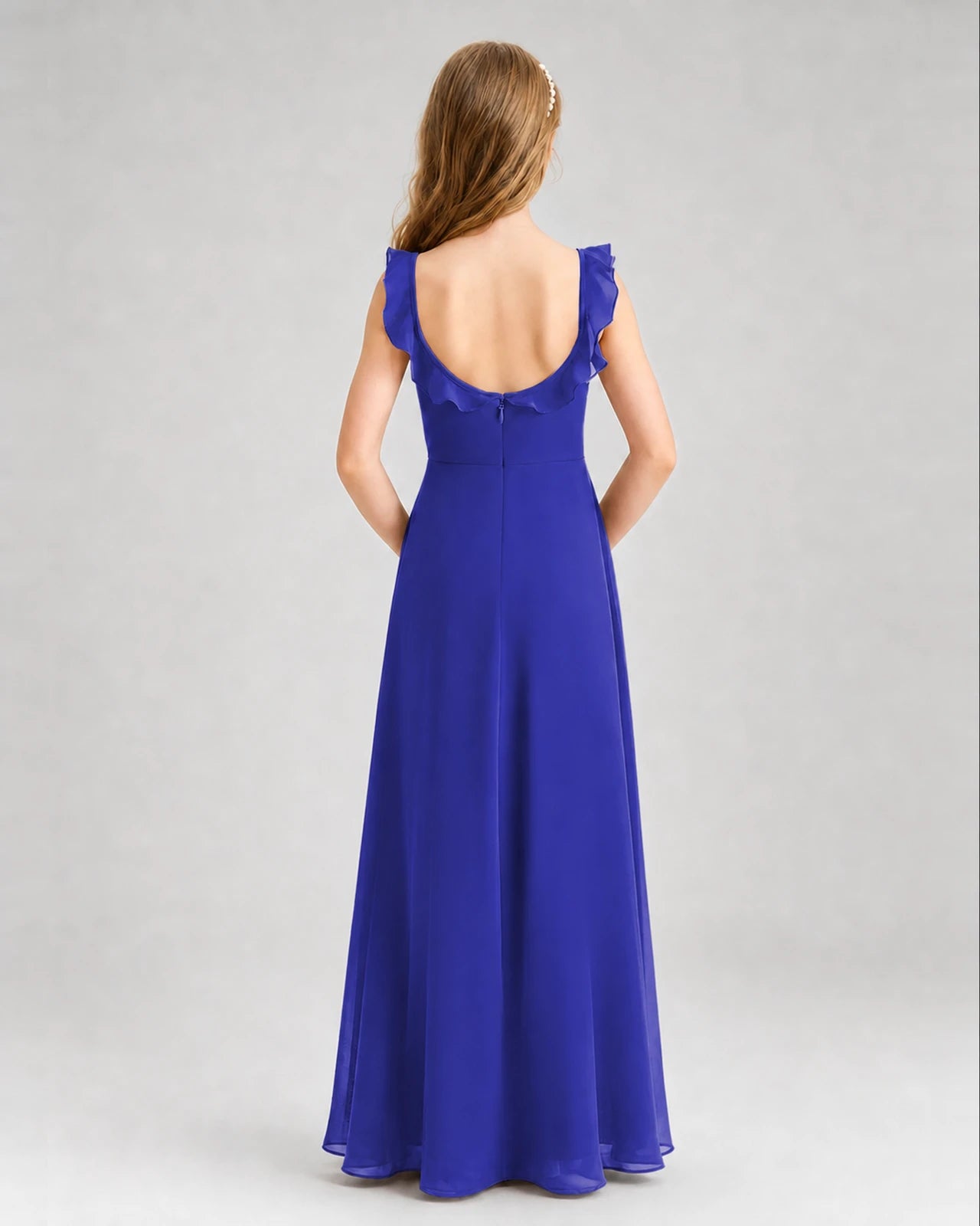 Royal Blue Chiffon Ruffled Scoop Neck Junior Bridesmaid Dresses Back View