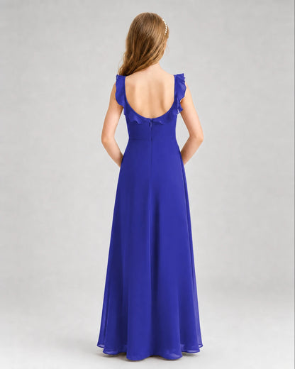 Royal Blue Chiffon Ruffled Scoop Neck Junior Bridesmaid Dresses Back View