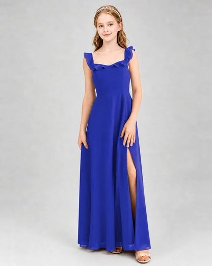Royal Blue Chiffon Ruffled Square Neck Junior Bridesmaid Dresses Front View