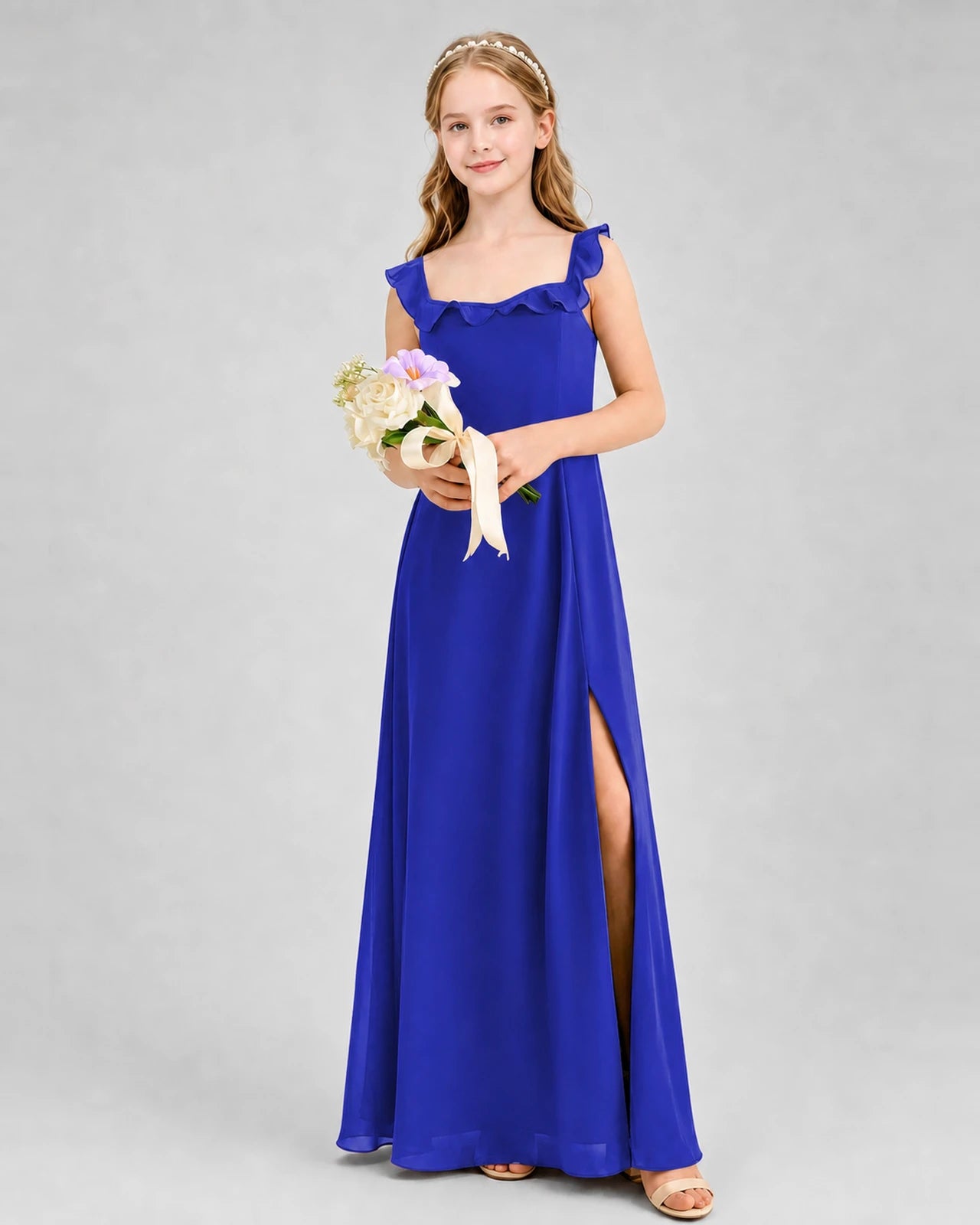 Royal Blue Chiffon Ruffled Square Neck Junior Bridesmaid Dresses