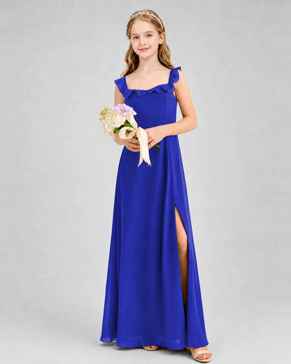Royal Blue Chiffon Ruffled Square Neck Junior Bridesmaid Dresses