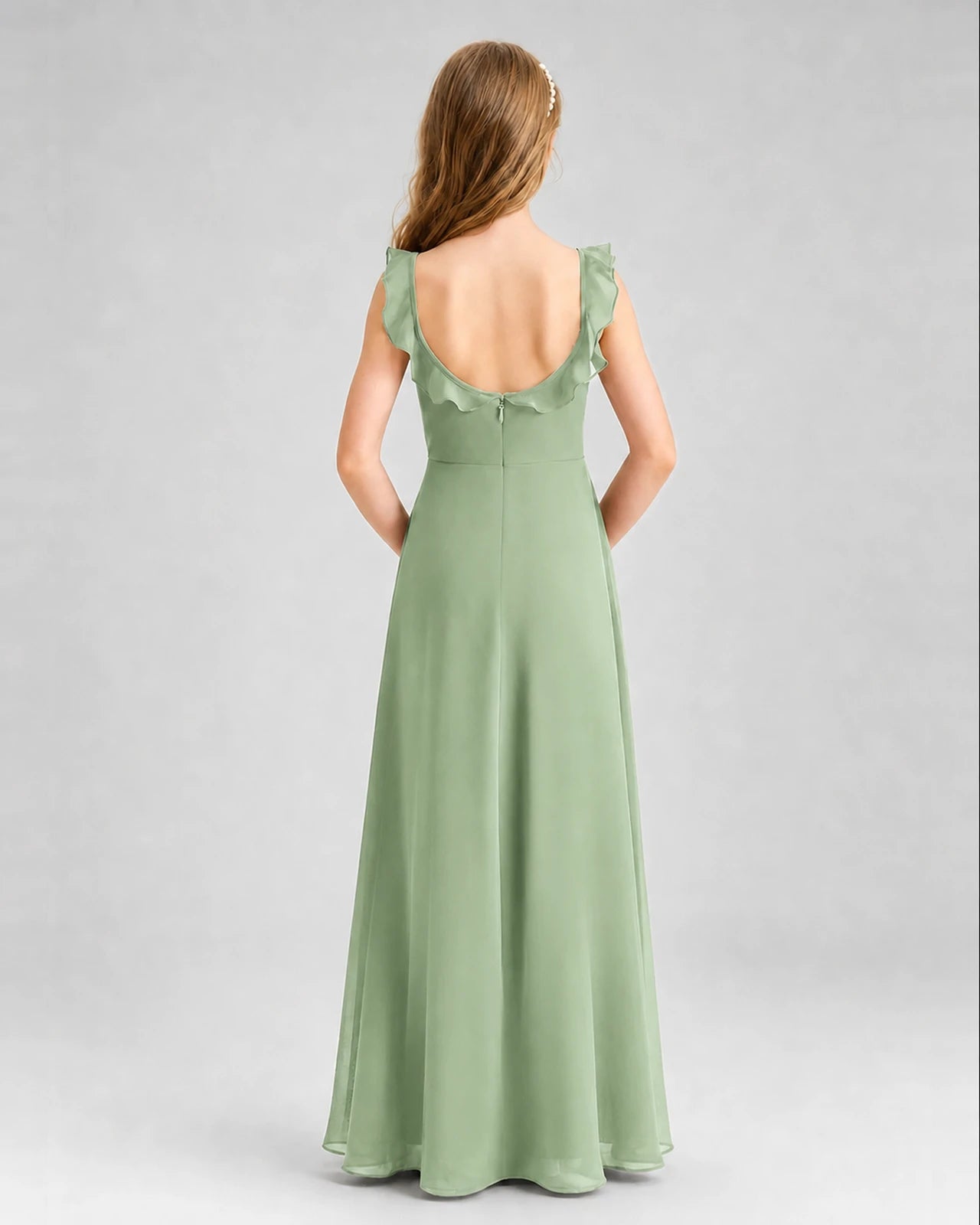 Sage Green Chiffon Ruffled A-Line Junior Bridesmaid Dresses Back View