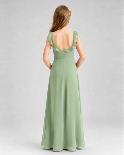 Sage Green Chiffon Ruffled A-Line Junior Bridesmaid Dresses Back View