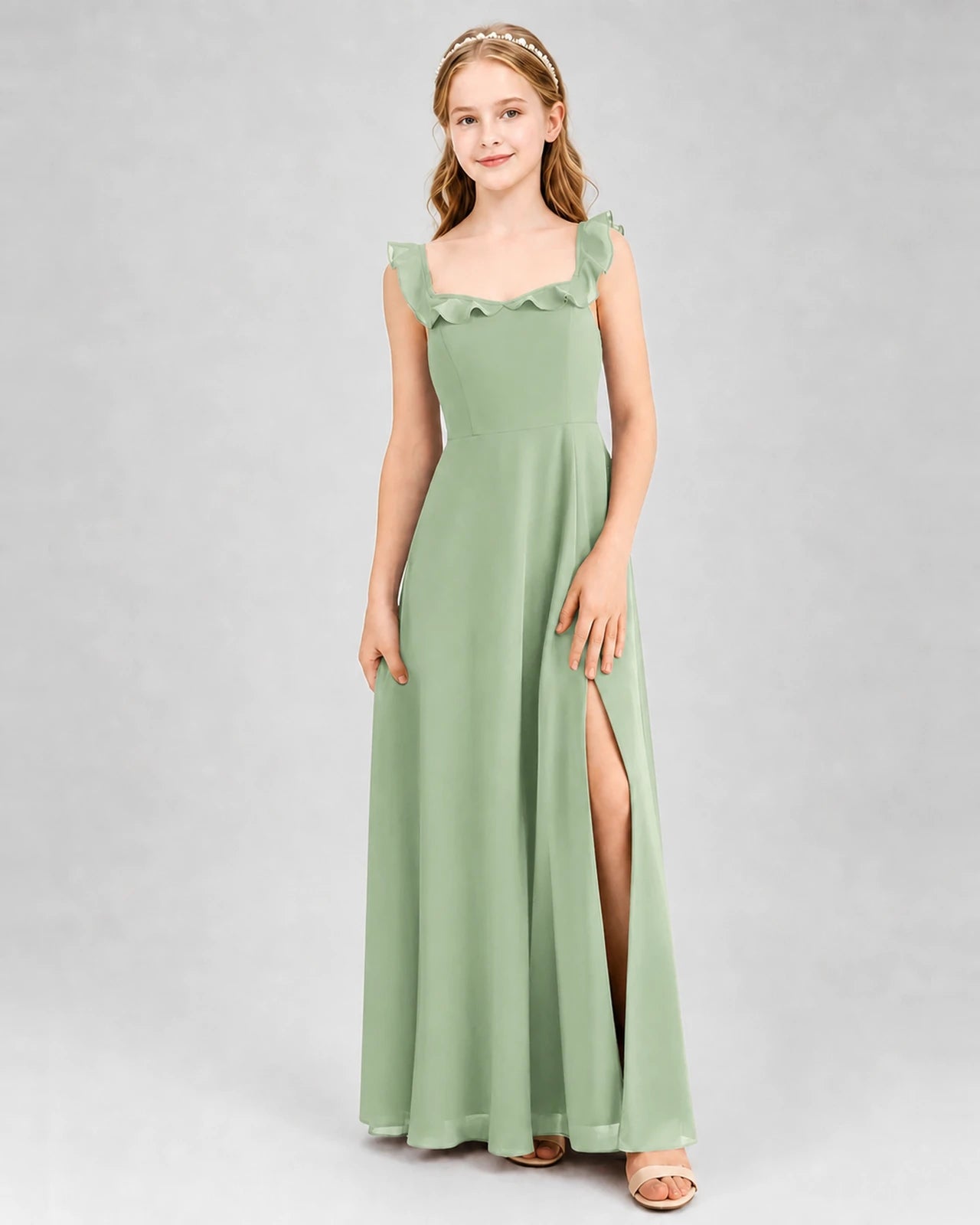 Sage Green Chiffon Ruffle Strap A-Line Junior Bridesmaid Dresses Front View