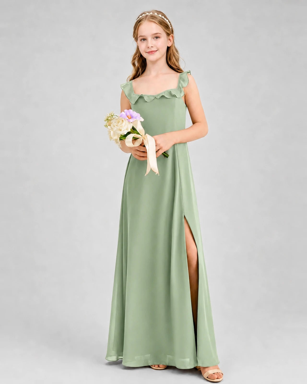 Sage Green Chiffon Ruffle Straps Slit Junior Bridesmaid Dresses