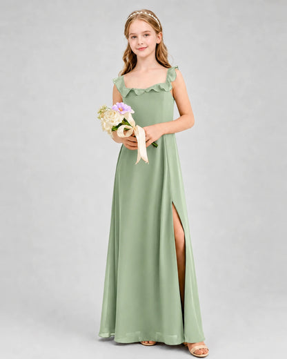 Sage Green Chiffon Ruffle Straps Slit Junior Bridesmaid Dresses