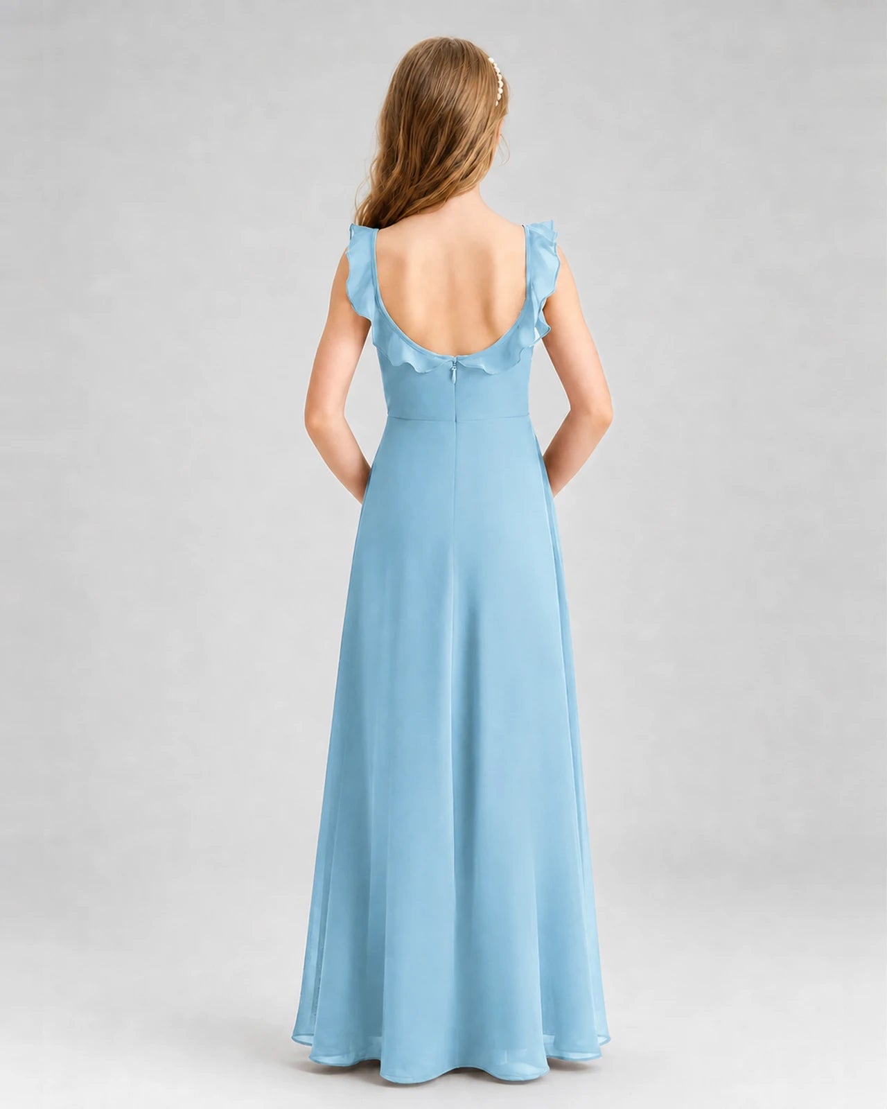 Sky Blue Chiffon Ruffle A-Line Junior Bridesmaid Dresses Back View