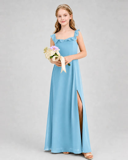 Sky Blue Chiffon Ruffle Straps Slit Junior Bridesmaid Dresses