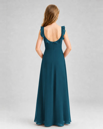 Teal Chiffon Ruffled Scoop Neck Junior Bridesmaid Dresses Back View