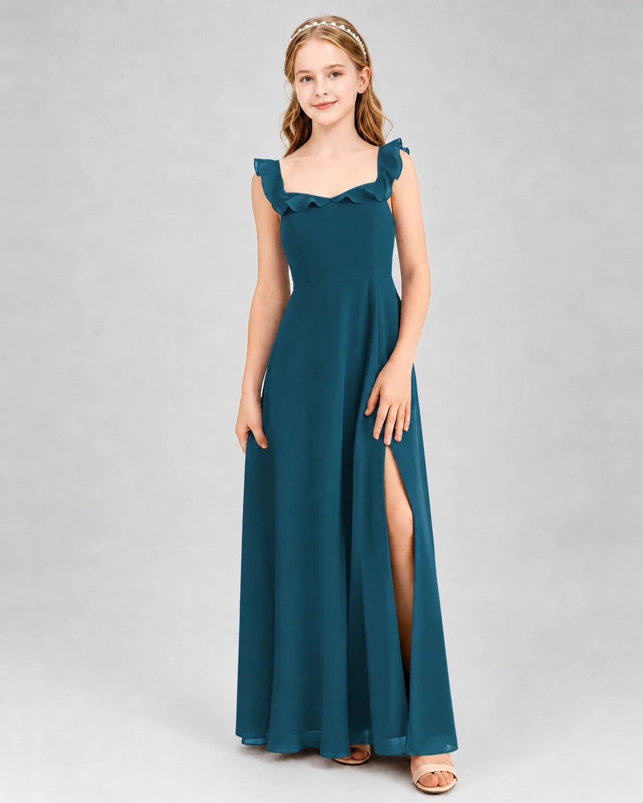 Teal Chiffon Ruffled A-Line Junior Bridesmaid Dresses Front View