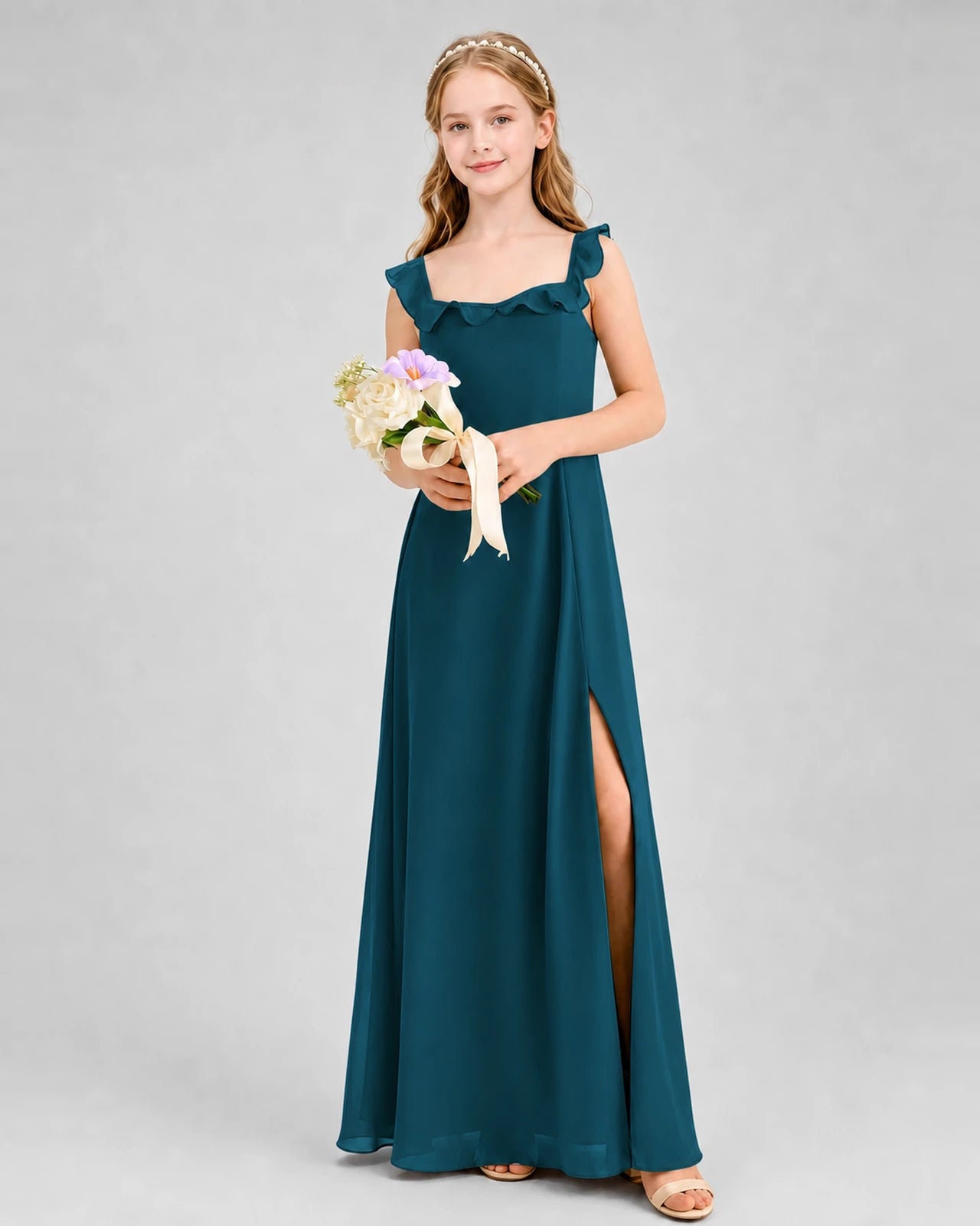 Teal Chiffon Ruffled Square Neck Junior Bridesmaid Dresses Front View