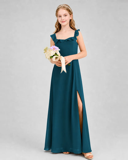 Teal Chiffon Ruffled Square Neck Junior Bridesmaid Dresses Front View