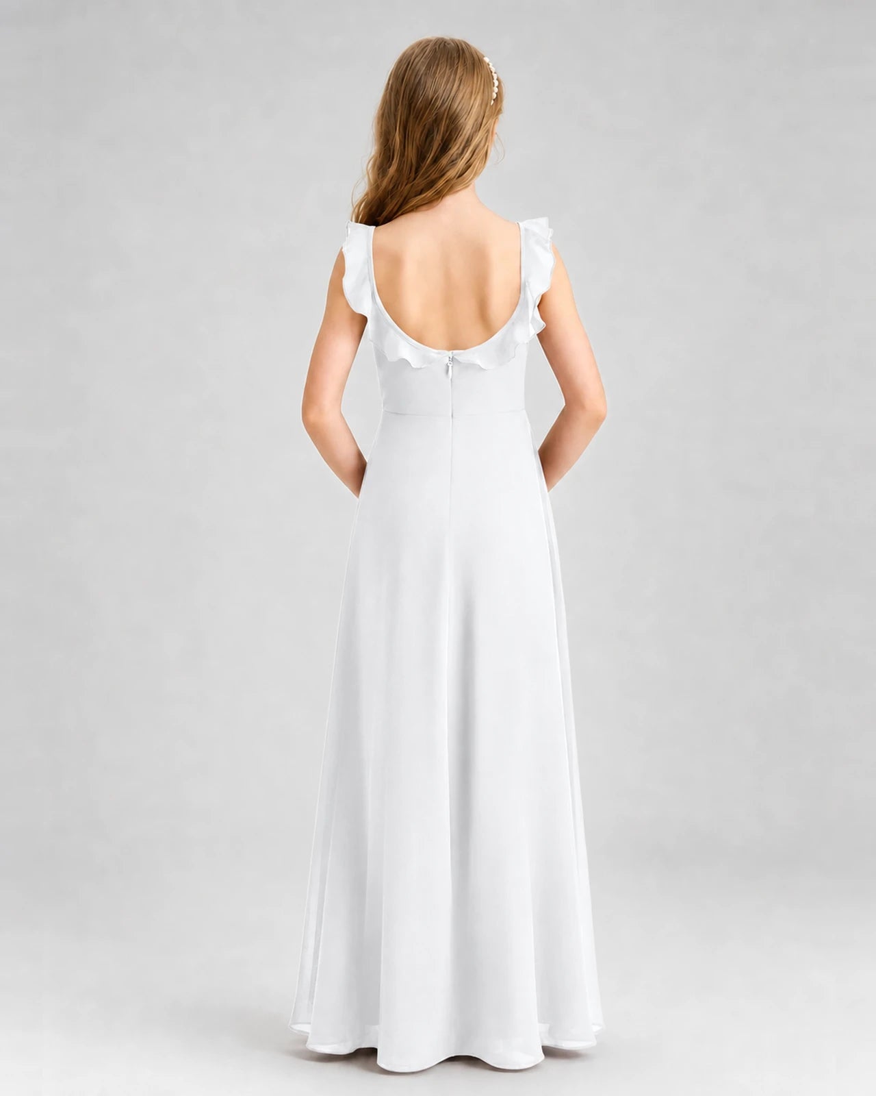 White Chiffon Ruffle-Trim Junior Bridesmaid Dresses Back View