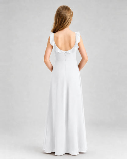 White Chiffon Ruffle-Trim Junior Bridesmaid Dresses Back View