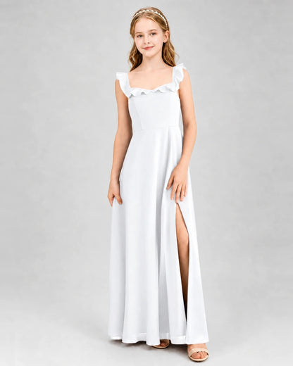 White chiffon ruffle-strap slit junior bridesmaid dress Front View