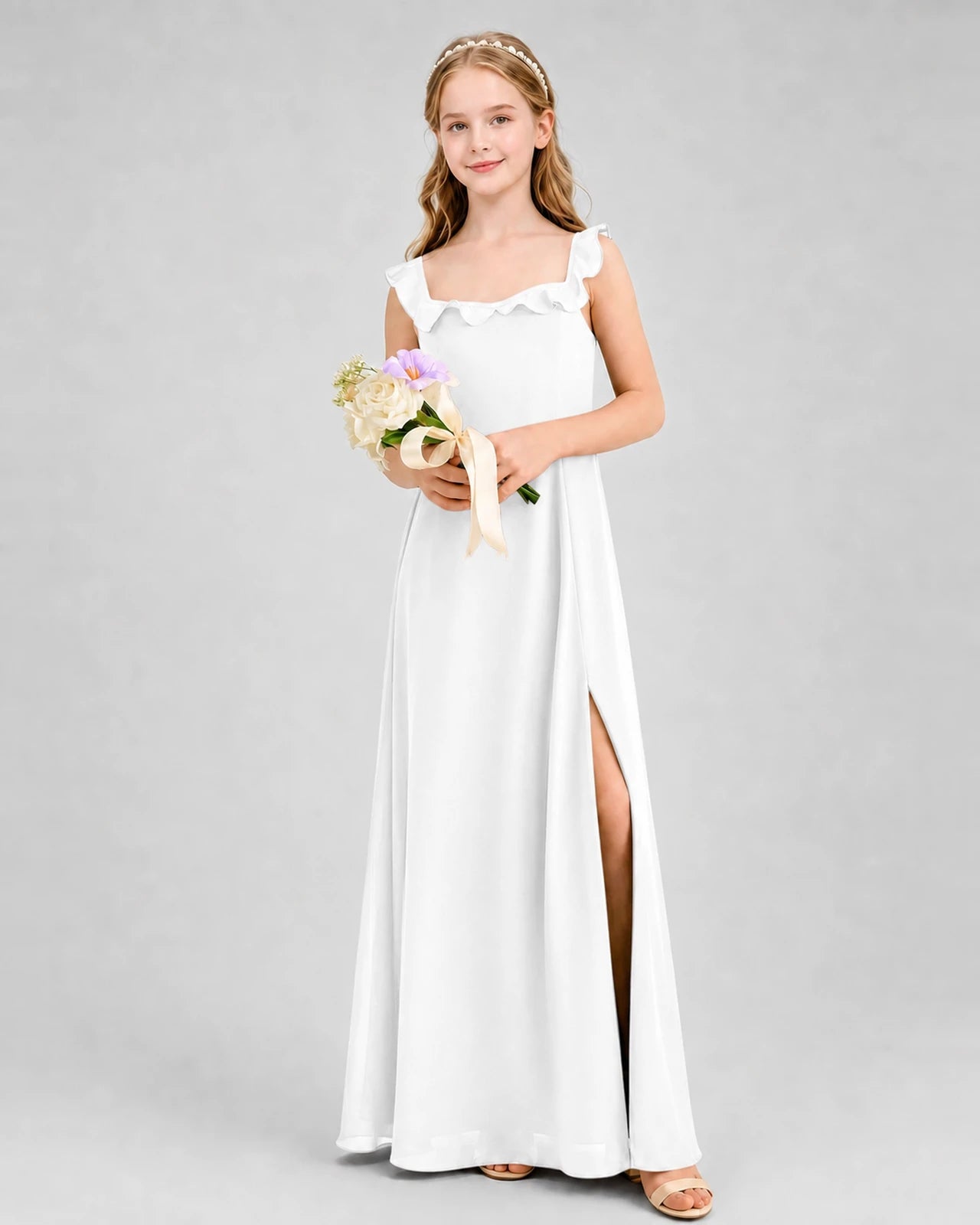 White Chiffon Ruffled Square Neck Junior Bridesmaid Dresses