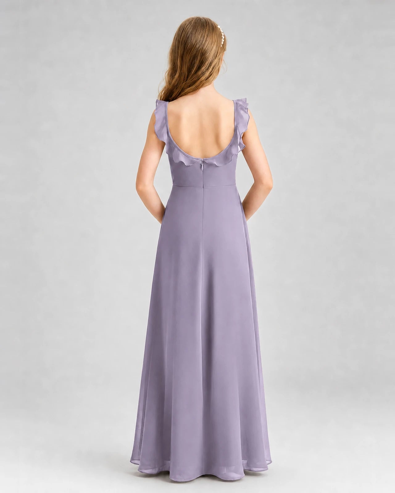 Wisteria Chiffon Ruffle-Trim Junior Bridesmaid Dress Back View