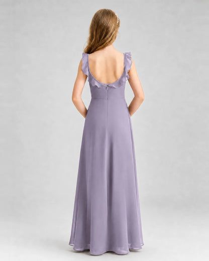 Wisteria Chiffon Ruffle-Trim Junior Bridesmaid Dress Back View