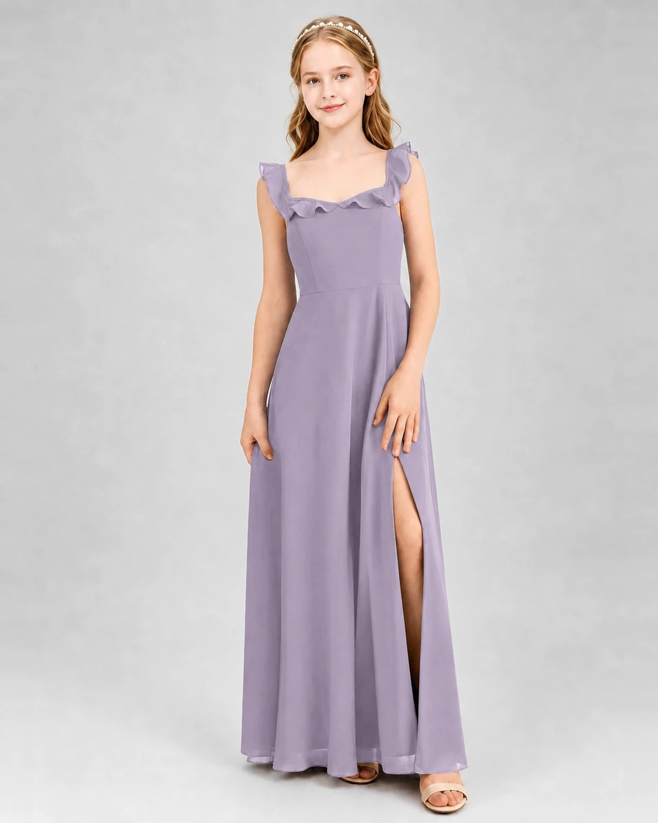 Wisteria Chiffon Ruffled Square Neck Junior Bridesmaid Dresses Front View