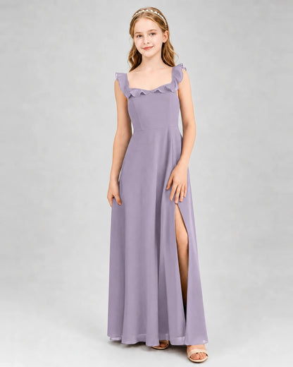Wisteria Chiffon Ruffled Square Neck Junior Bridesmaid Dresses Front View