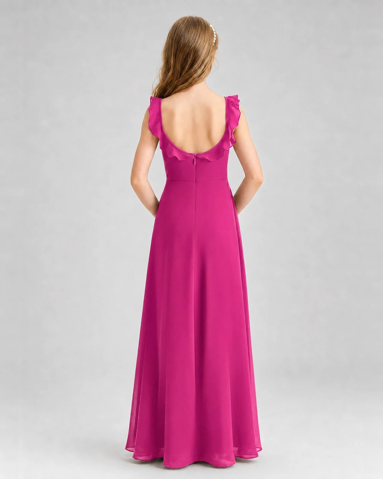 Hot pink chiffon ruffle junior bridesmaid dresses back view
