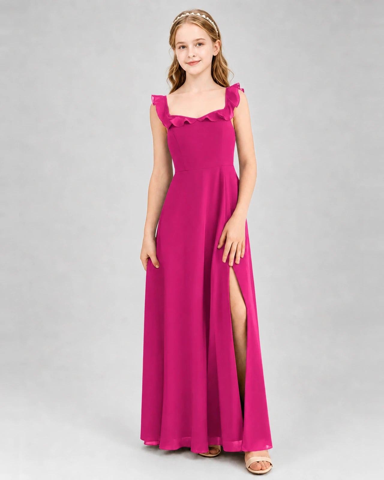Hot pink chiffon square neck side slit Junior Bridesmaid Dresses Front View