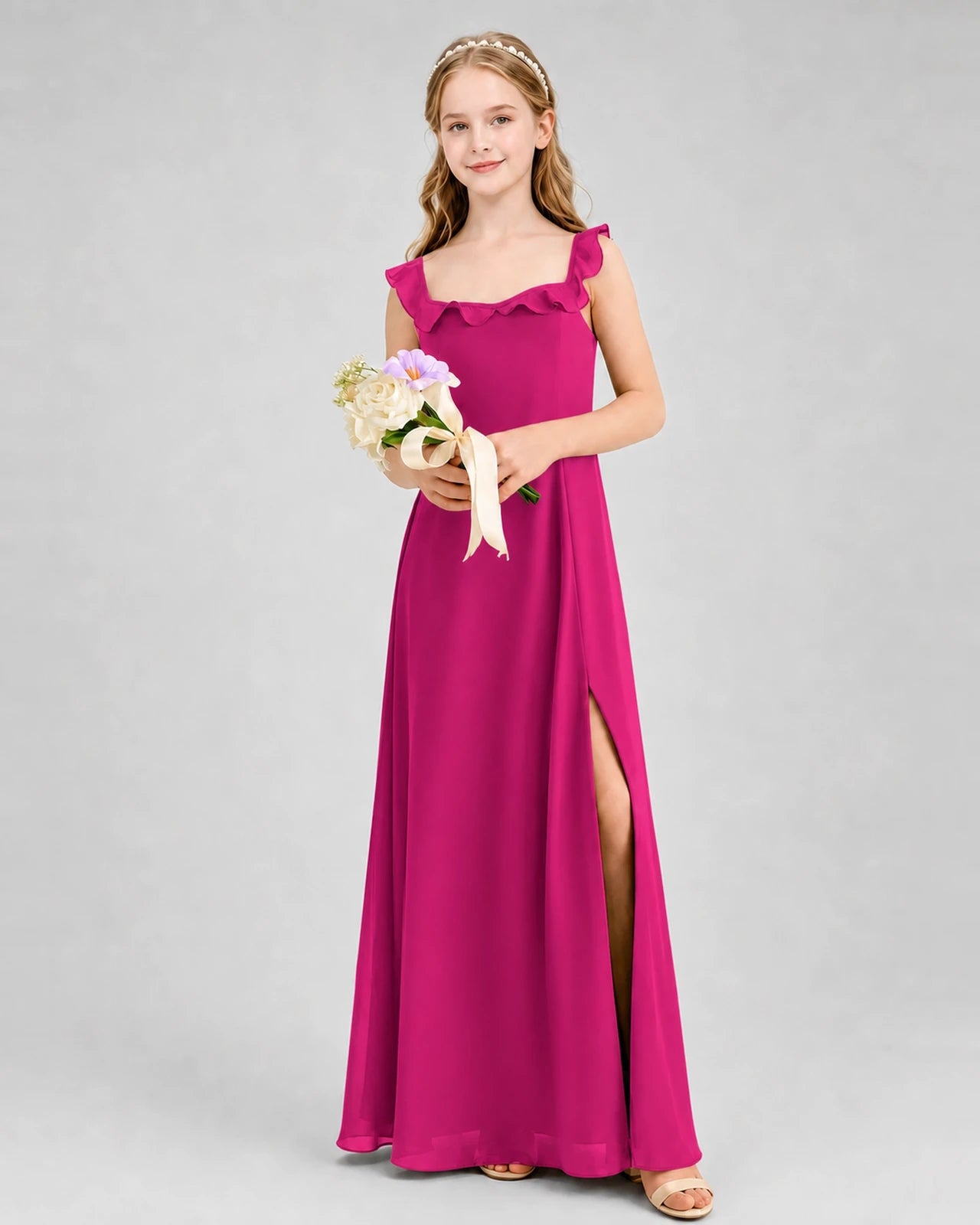 Hot pink chiffon square neckline split junior bridesmaid dresses