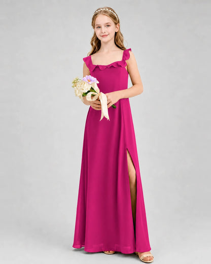 Hot pink chiffon square neckline split junior bridesmaid dresses