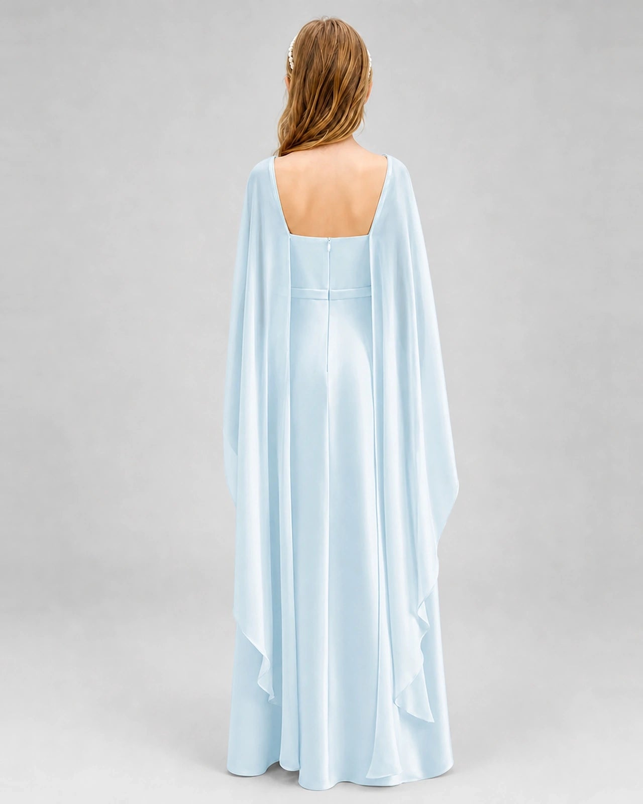 Dideyttawl Satin Junior Bridesmaid Dress with Detachable Chiffon Cape
