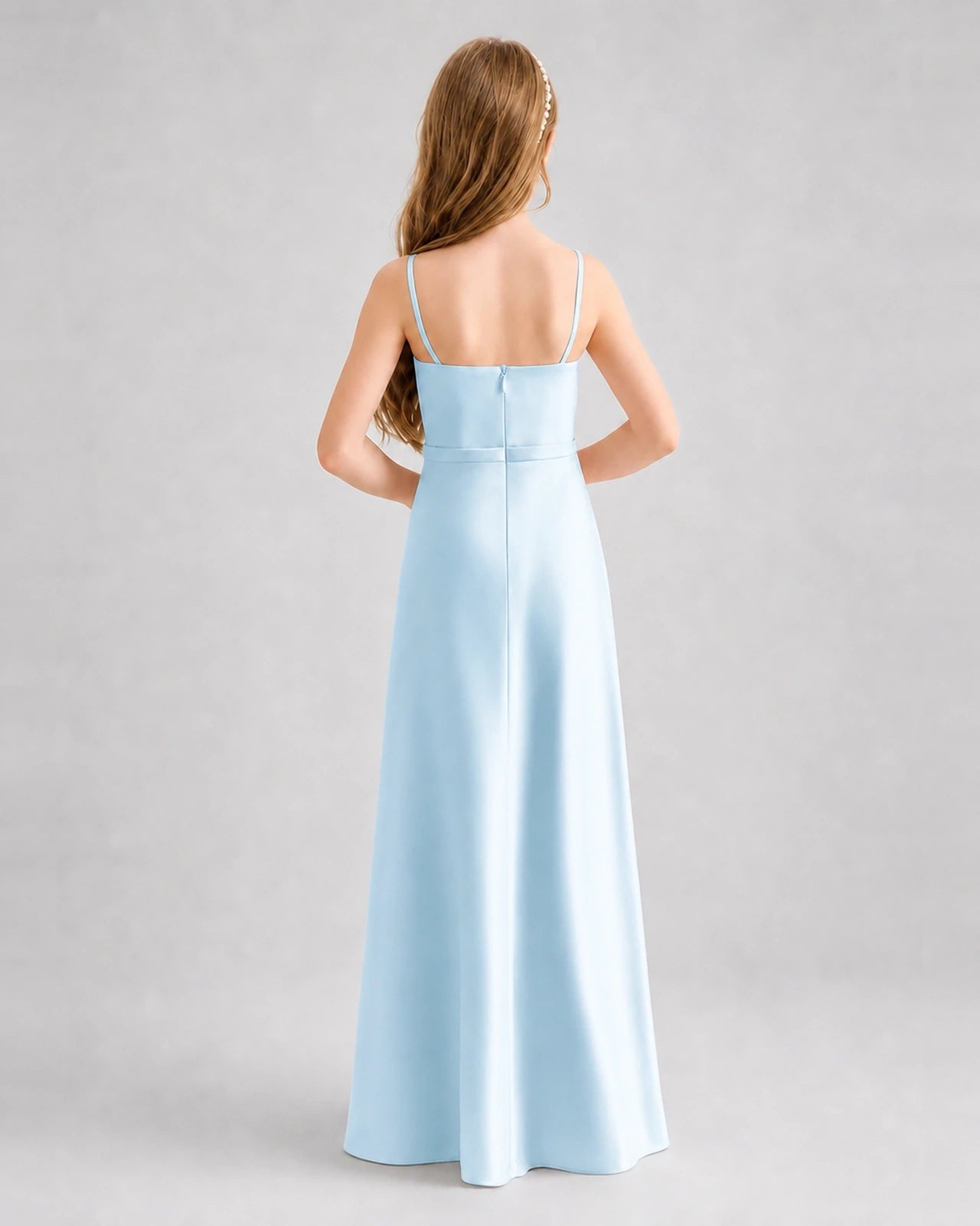Dideyttawl Satin Junior Bridesmaid Dress with Detachable Chiffon Cape