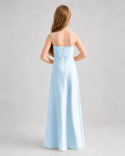 Dideyttawl Satin Junior Bridesmaid Dress with Detachable Chiffon Cape