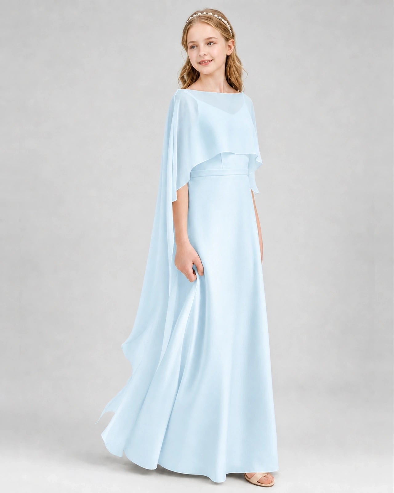 Dideyttawl Satin Junior Bridesmaid Dress with Detachable Chiffon Cape